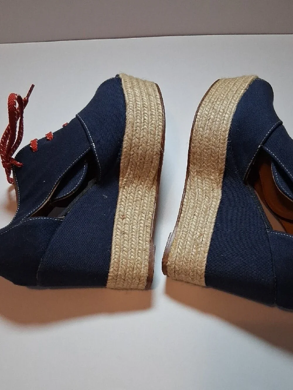 Bettye Muller Women's Navy Peep-Toe Lace-Up Wedge Heels with Red Laces
